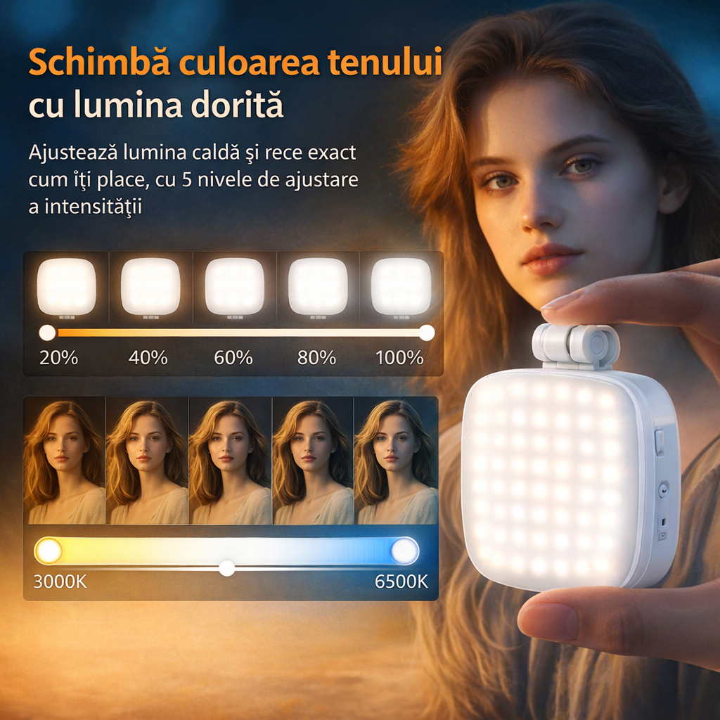 Suport Telefon Magnetic cu LED – Mini Studio Portabil