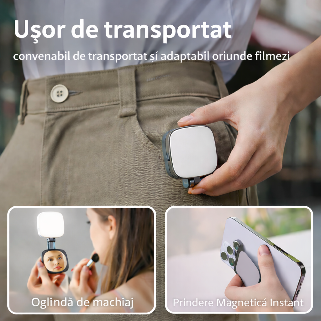 Suport Telefon Magnetic cu LED – Mini Studio Portabil